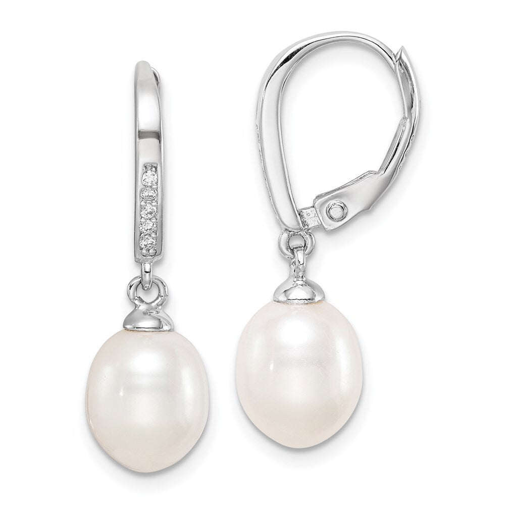 Sterling Silver 7-8mm Teardrop Cultured Pearl & Cubic Zirconia Dangle Earrings