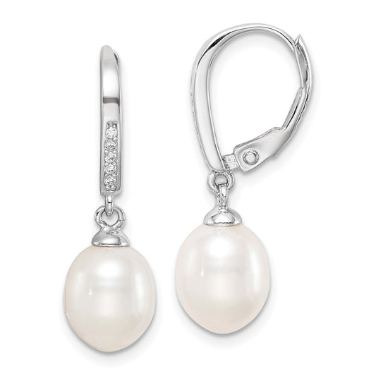 Sterling Silver 7-8mm Teardrop Cultured Pearl & Cubic Zirconia Dangle Earrings