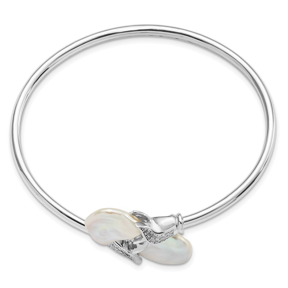 Sterling Silver 16-17mm White Keshi Cultured Pearl and CZ Flexible Bangle