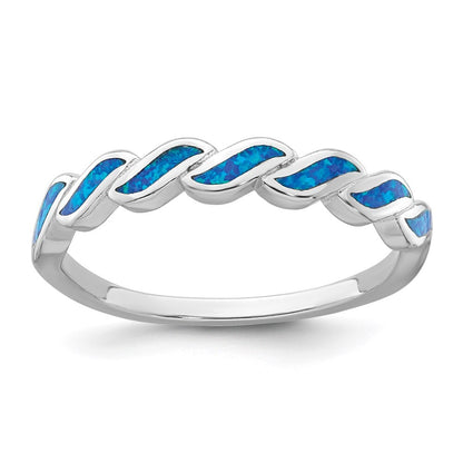 Sterling Silver Rhodium-plated Polished Blue Created Opal Wave Ring Size 6