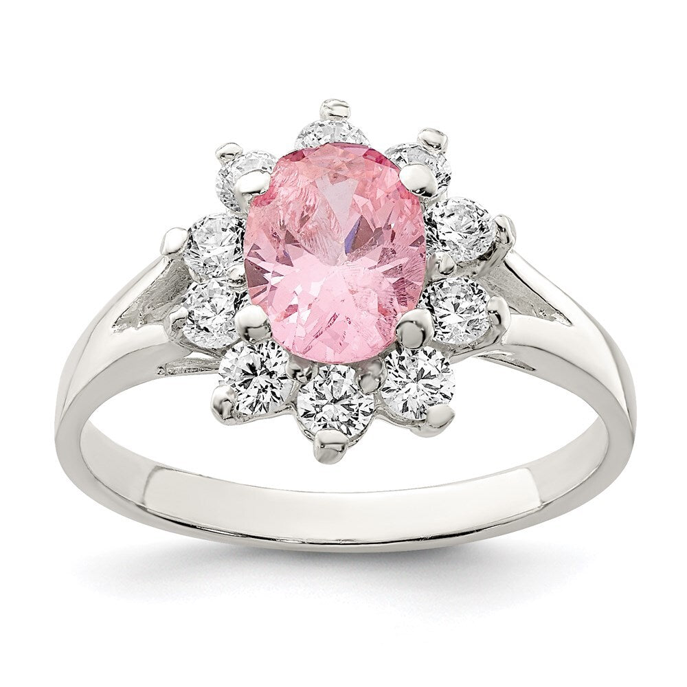 Sterling Silver Pink Oval Cubic Zirconia Cluster Ring Size 8