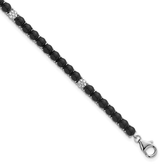 Sterling Silver Rhodium-plated Pave CZ and Onyx Bracelet 7.5" with 1.5" Ext