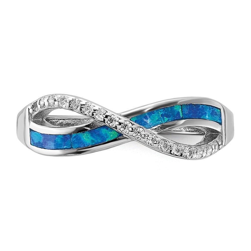 Sterling Silver RH-plated CZ and Blue Cr. Opal Inlay Infinity Symbol Ring Size 7
