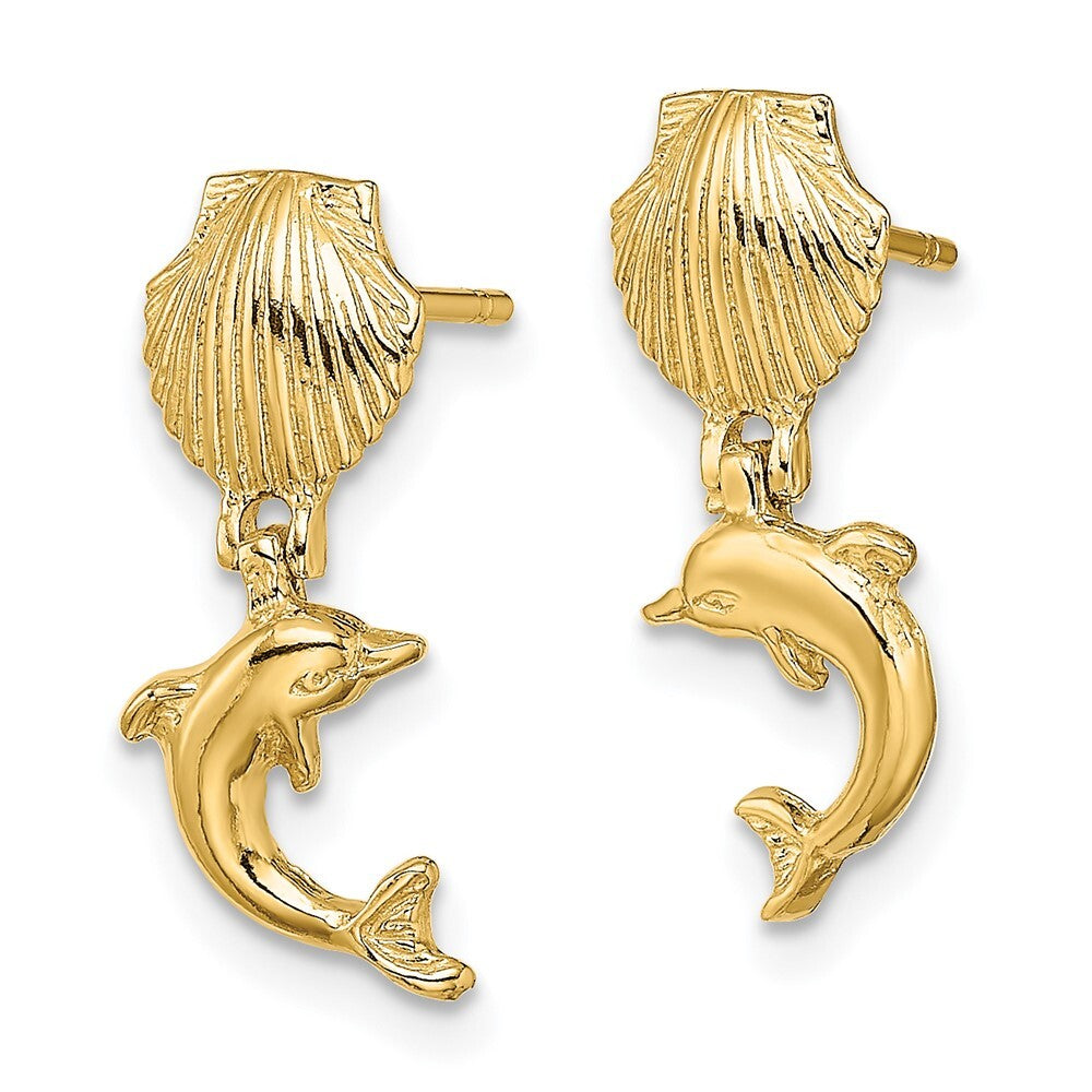 14k Yellow Gold Dolphin Dangle From Mini Scallop Earrings Gift for Women
