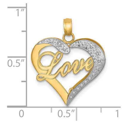 14k Yellow Gold with White Rhodium Heart Diamond-cut LOVE Charm Pendant
