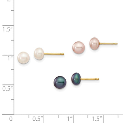 14k Yellow Gold 5-6mm Multicolor Button Cultured Pearl Stud Earrings 3 Pair Set