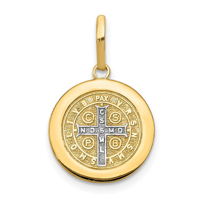 14k Yellow Gold With Rhodium Circle St. Benedict Medal Pendant