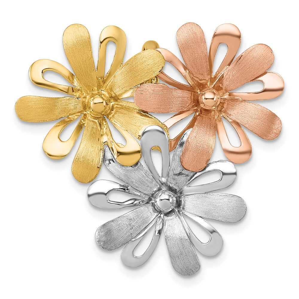 14k White and Rose-tone Rhodium Brushed and Polished 3 Flowers Chain Slide
