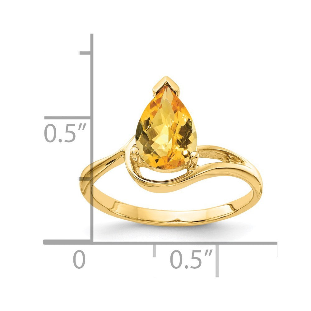 14k Yellow Gold 9x6mm Pear Citrine Checker ring