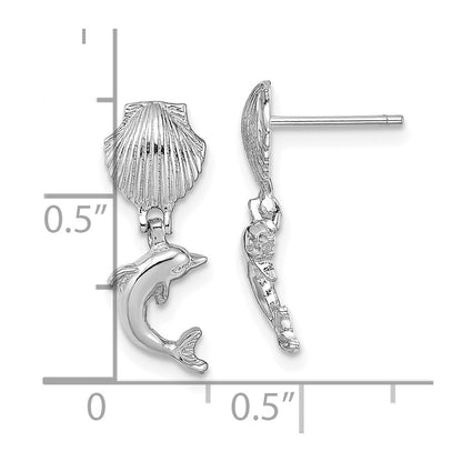 14K White Gold Dolphin Dangle From Mini Scallop Earrings Gift for Women