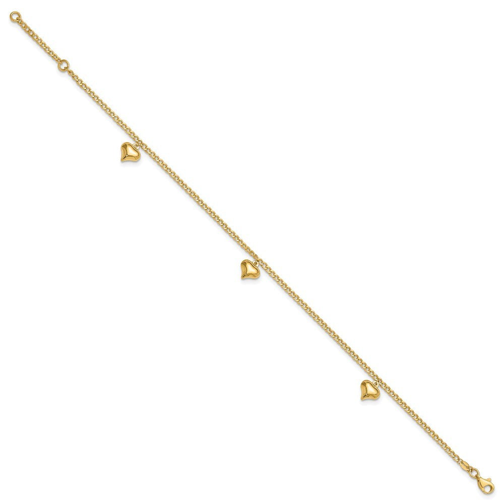 14k Yellow Gold Polished Curb Chain with 3 Puffed Heart Dangles 10" Anklet