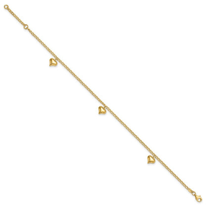 14k Yellow Gold Polished Curb Chain with 3 Puffed Heart Dangles 10" Anklet