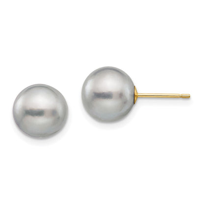 14k Yellow Gold 9-10mm Grey Round Freshwater Cultured Pearl Stud Earrings