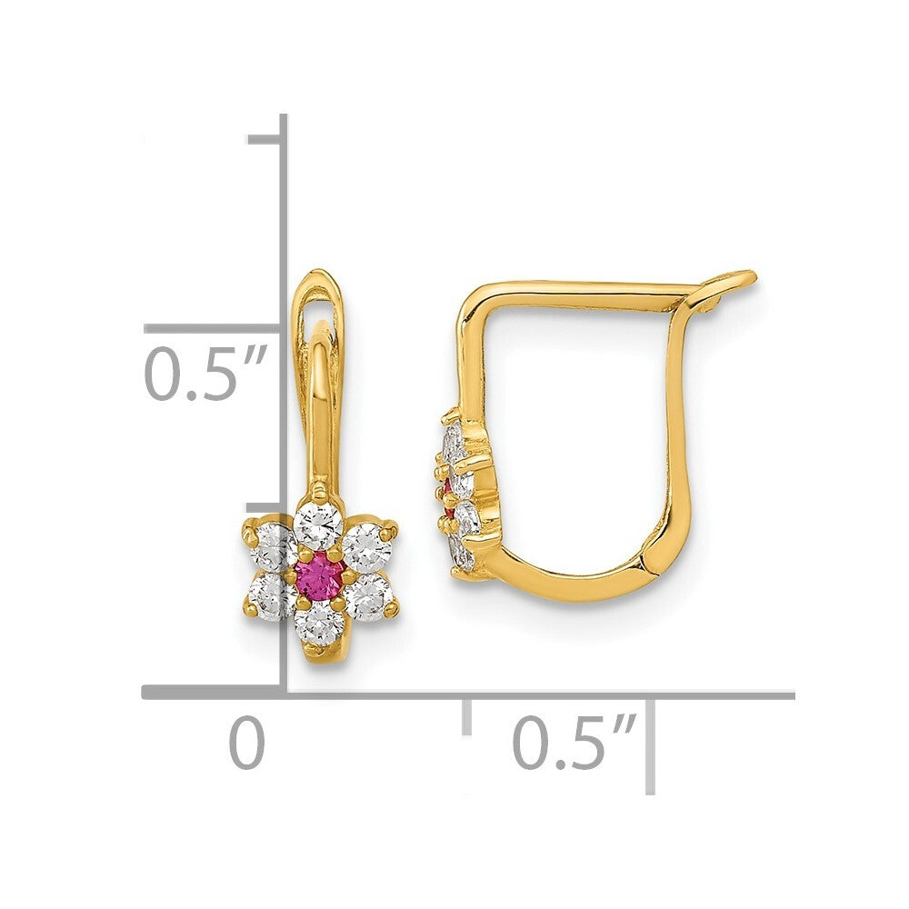 14k Yellow Gold Polished Red and White Cubic Zirconia Flower Hoop Earrings