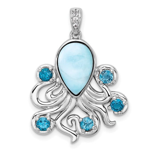 Sterling Silver Polished Larimar, White and Blue Topaz Octopus Pendant