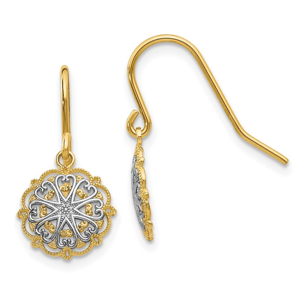 14k Yellow Gold & Rhodium Polished and Textured Dangle Earrings