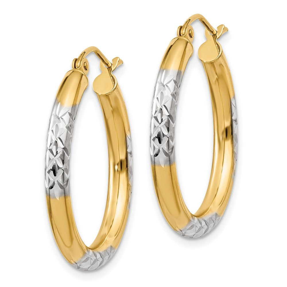 14k Yellow Gold and Rhodium Diamond-cut 3x25mm Hoop Earrings