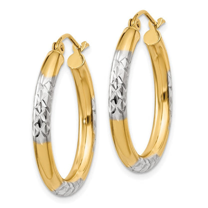 14k Yellow Gold and Rhodium Diamond-cut 3x25mm Hoop Earrings