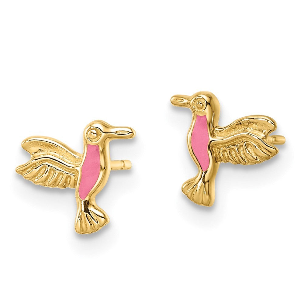 14k Yellow Gold Pink Enamel Hummingbird Earrings