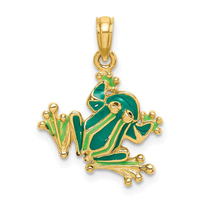 14k Yellow Gold Green Enameled 2-D Small Frog Charm Pendant for Women