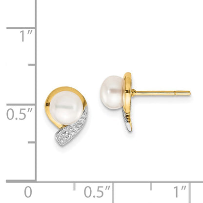 14k Yellow Gold 5-6mm White Button FWC Pearl .01ct Diamond Stud Earrings