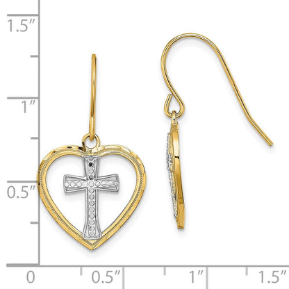 14k Yellow Gold Rhodium Cross In Center Heart Stud Earrings Gift for Women