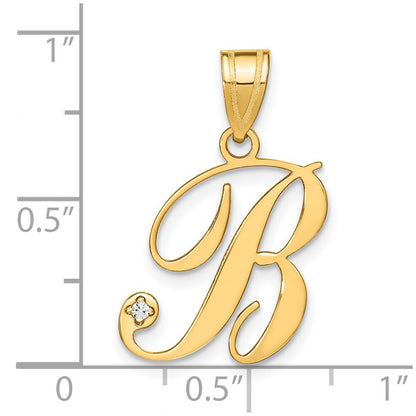 14k Yellow Gold Script Letter B Initial Pendant with Diamond for Women