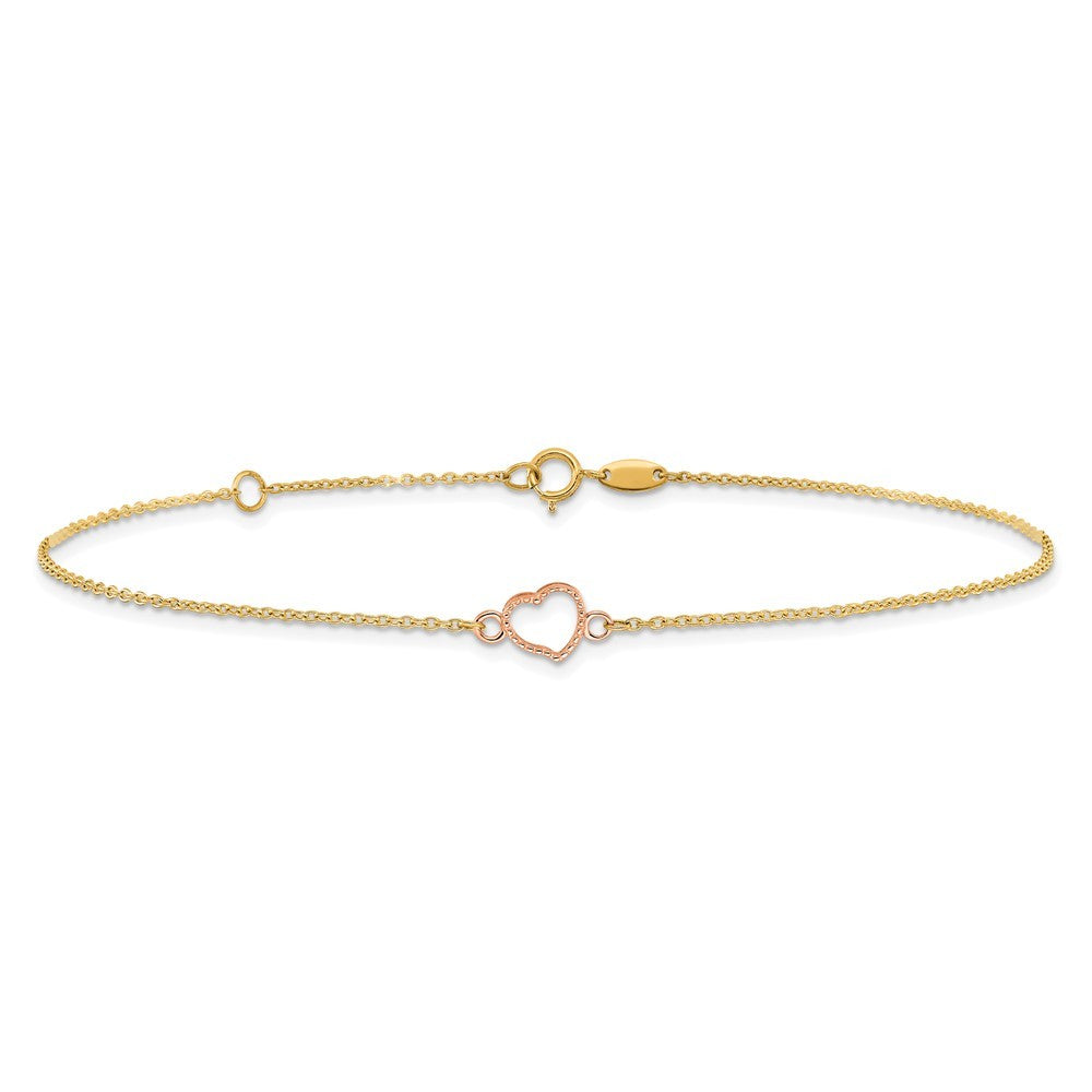 14k Two-tone Textured and Polished Open Heart 10" Anklet