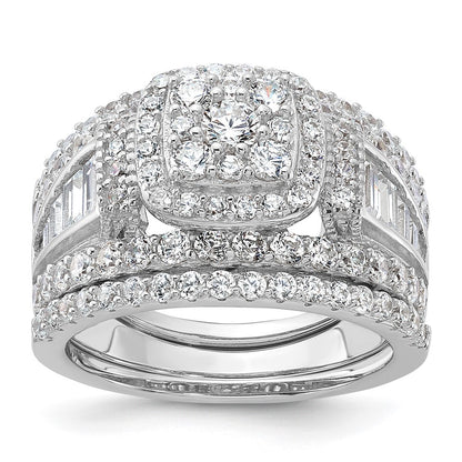 Sterling Silver Rhodium-plated CZ Engagement Ring w/2 Band Rings 3 Ring Set