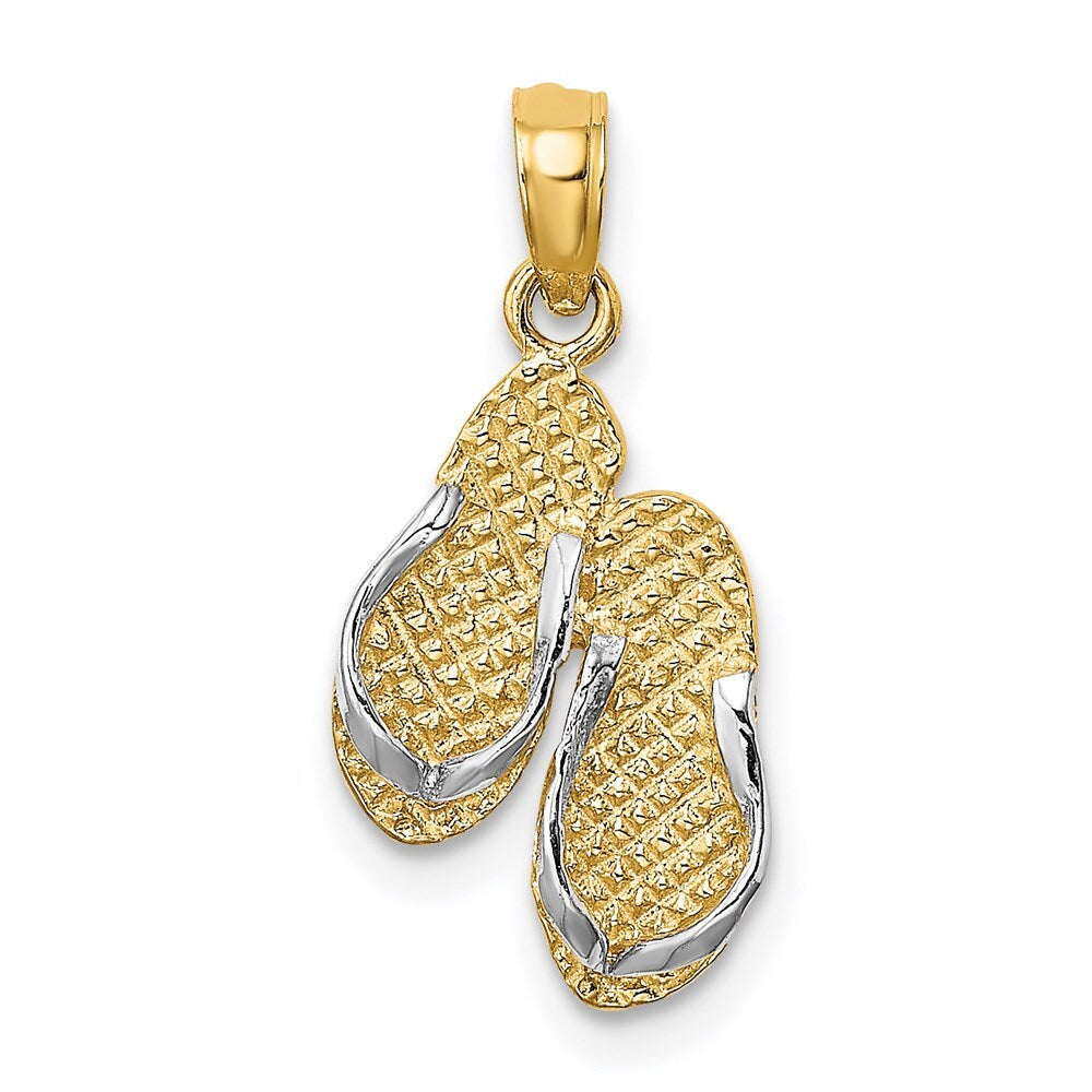 14k Yellow Gold White Rhodium 3D SANIBEL ISLAND Double Flip Flop Charm Pendant