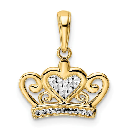 14k Yellow Gold and White Rhodium Diamond-cut Heart Crown Pendant