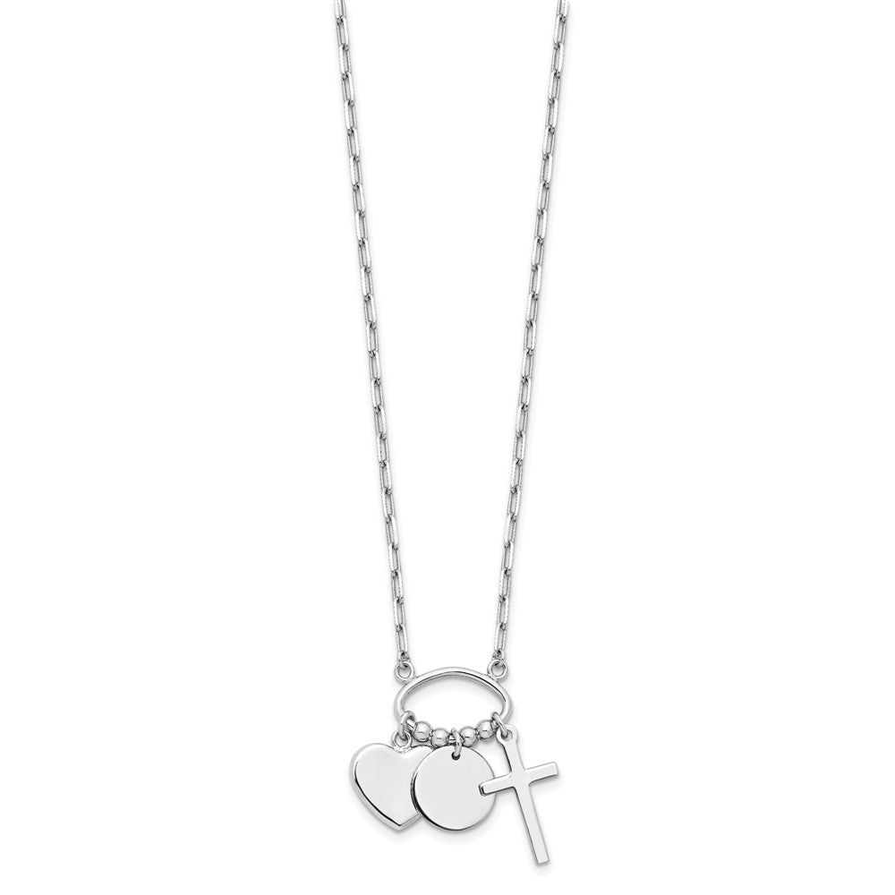 Sterling Silver Rhodium-plated Round Heart Cross Discs 32in Necklace