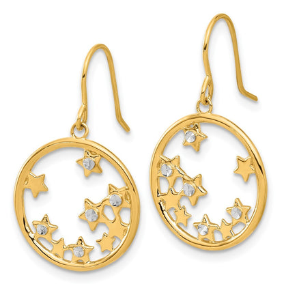 14k Yellow Gold and White Rhodium Diamond-Cut Stars in Circle Dangle Earrings
