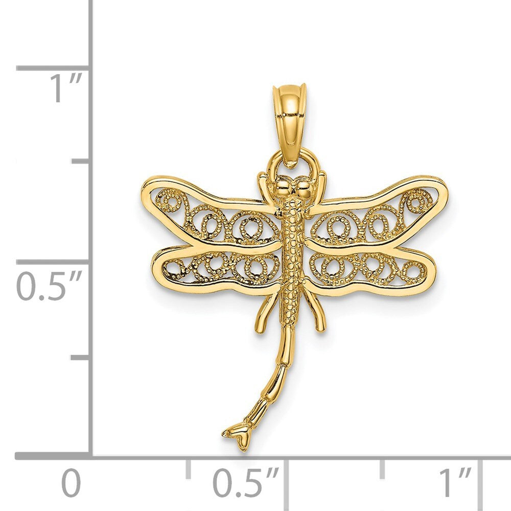 14k Yellow Gold Dragonfly Beaded Filigree Wings Charm