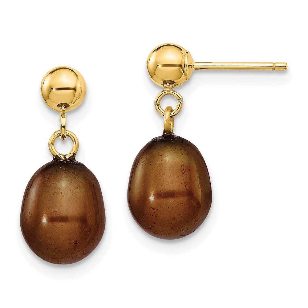 14k Yellow Gold 7-8mm Brown Rice Freshwater Cultured Pearl Dangle Earrings