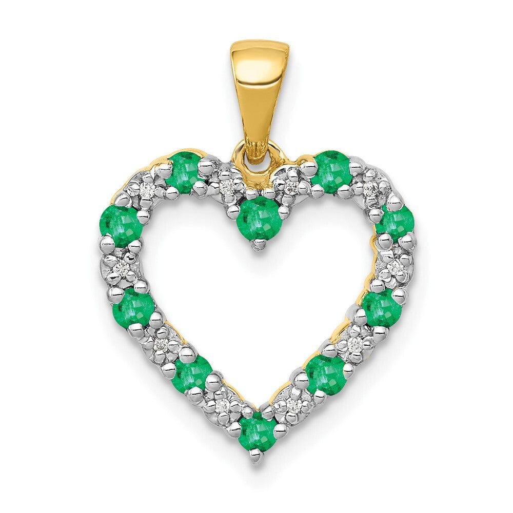 14k Yellow Gold Diamond and Emerald Heart Pendant for Women