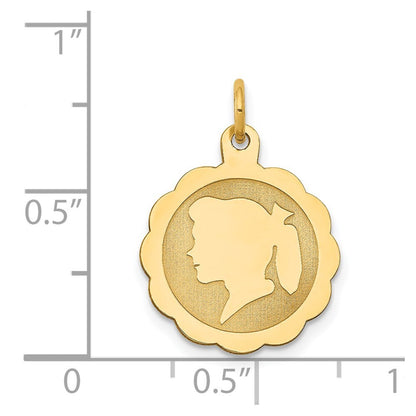 14k Yellow Gold Girl Head on .011 Gauge Engravable Scalloped Disc Charm Pendant