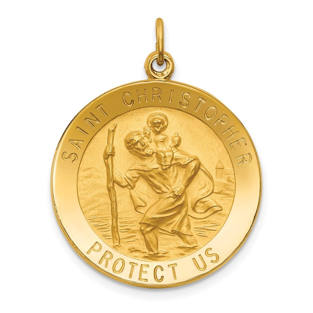 14k Yellow Gold Solid Polished Satin Medium Round St. Christopher Medal