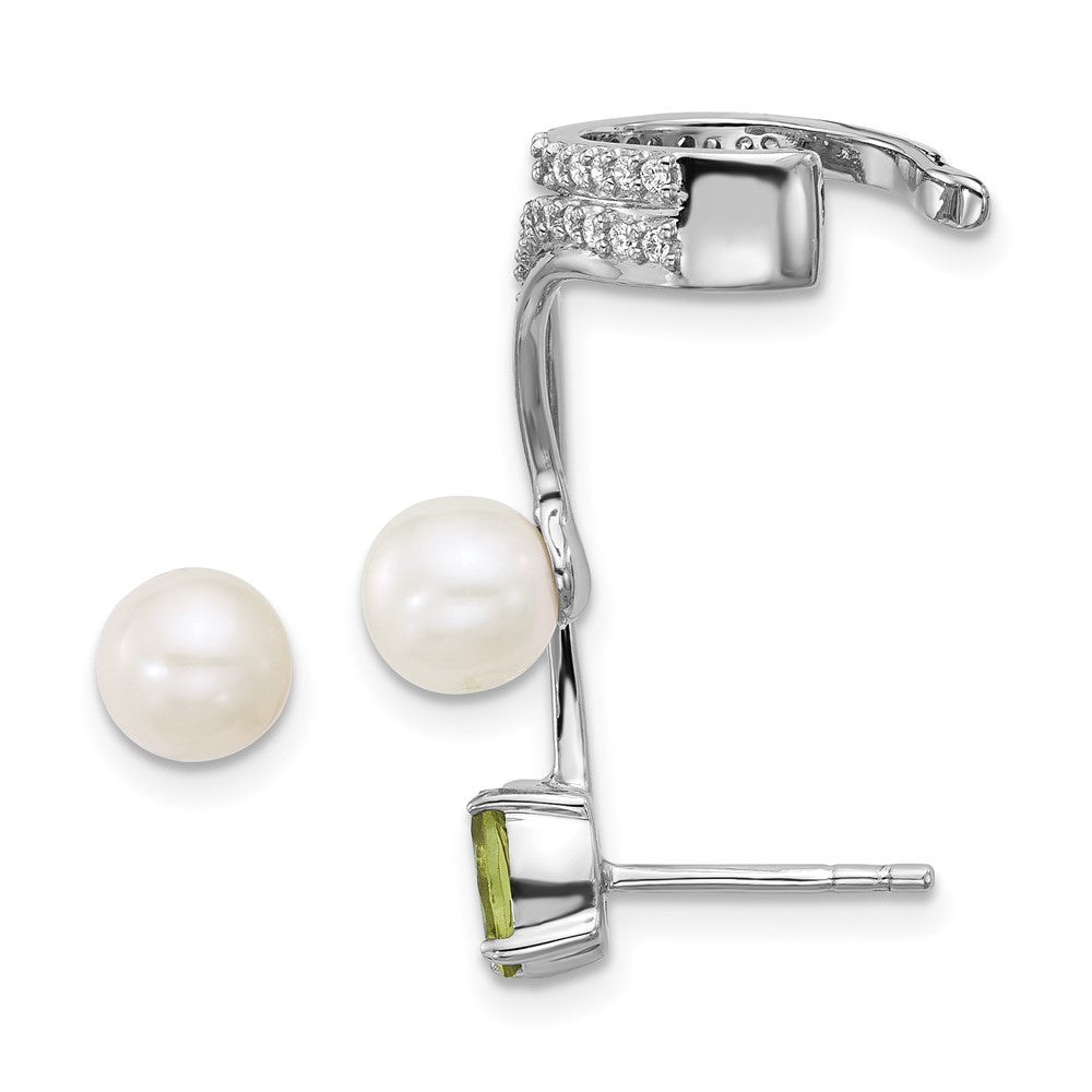 Sterling Silver CZ, Freshwater Cultured Pearl & Peridot Cuff Asymmetric Earrings