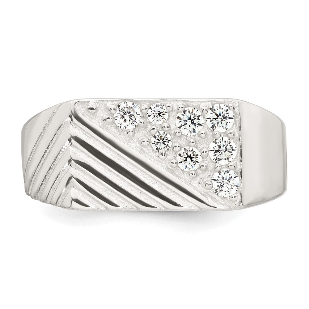 Sterling Silver Polished and Grooved CZ Men's Ring Size 11
