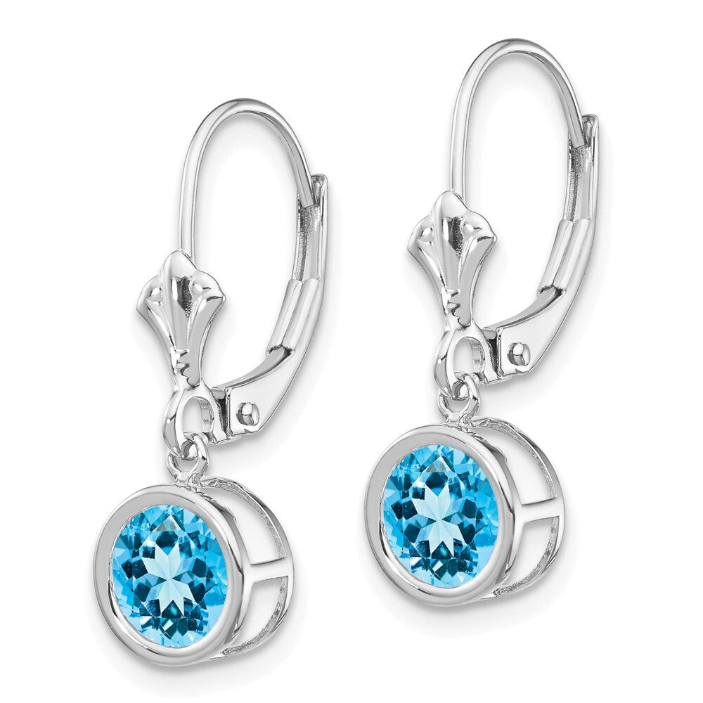 14k White Gold 6mm Blue Topaz Dangle Earrings Leverback Gift for Women