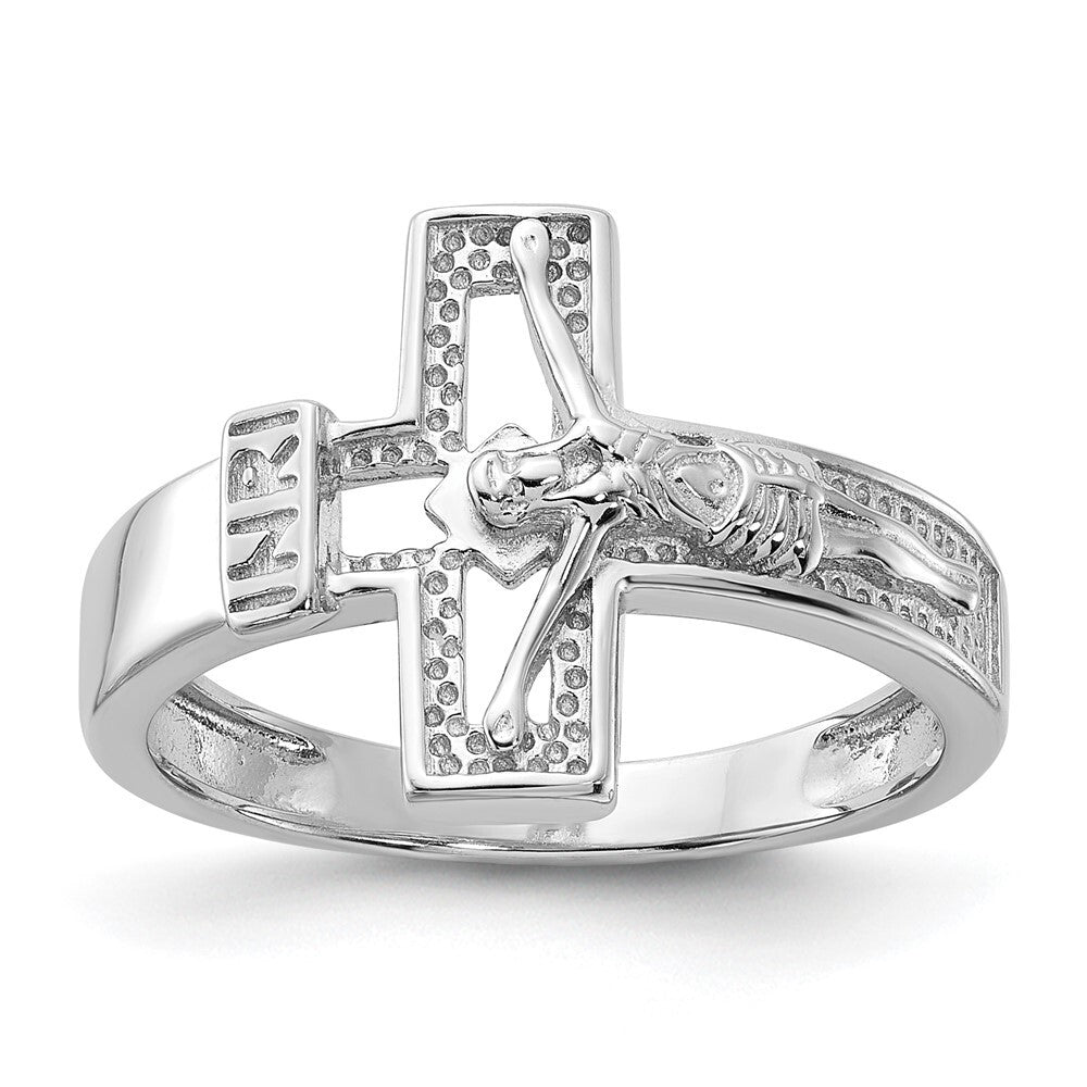 Sterling Silver Rhodium-plated INRI Crucifix Ring Size 8