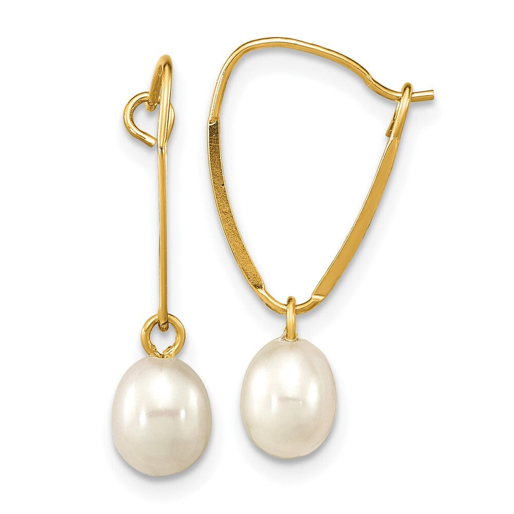 14k Yellow Gold 6-7mm White Rice Freshwater Cultured Pearl Dangle Earrings