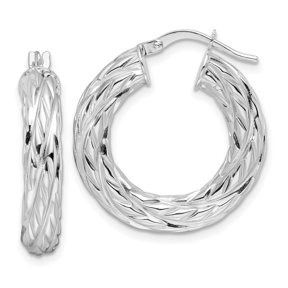 14k White Gold Polished 4.75mm Woven Texture Round Hoop Earrings Gift for Women