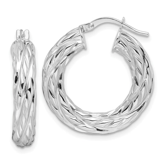14k White Gold Polished 4.75mm Woven Texture Round Hoop Earrings Gift for Women