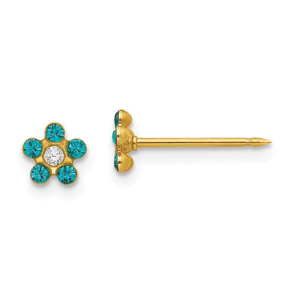 14k Yellow Gold December Blue Crystal Birthstone Flower Stud Earrings
