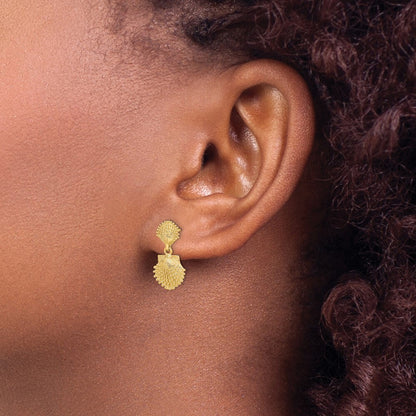 14k Yellow Gold Double Beaded Scallop Shell Dangle Earrings Gift for Women