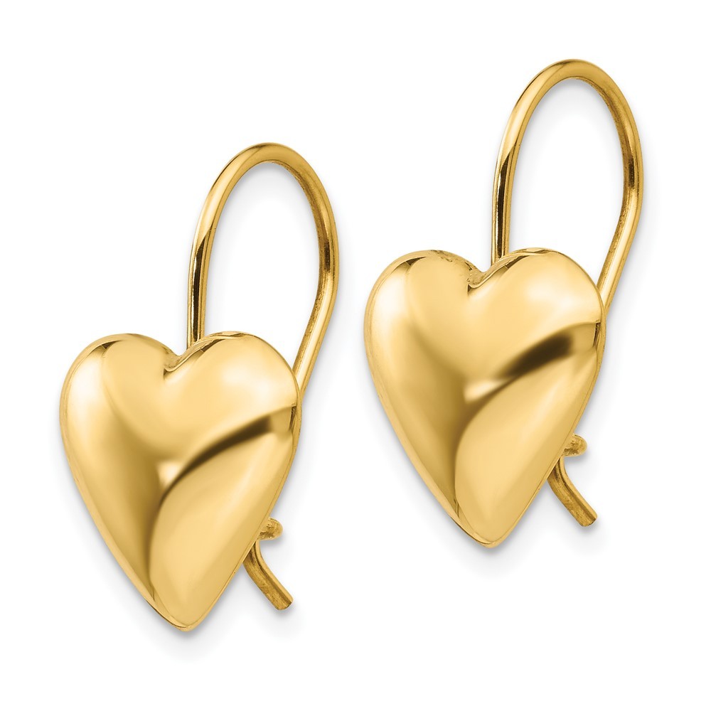 14k Yellow Gold Polished 11.5mm Puffed Heart Kidney Wire Earrings
