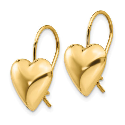 14k Yellow Gold Polished 11.5mm Puffed Heart Kidney Wire Earrings
