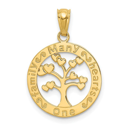 14k Yellow Gold Polished ONE FAMILY MANY HEARTS Tree Pendant for Women